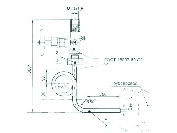 Конструкция закладная для отбора давления, разряжения, вакуума МК1,6-130П ст20 на петлевом отводе Датчики давления